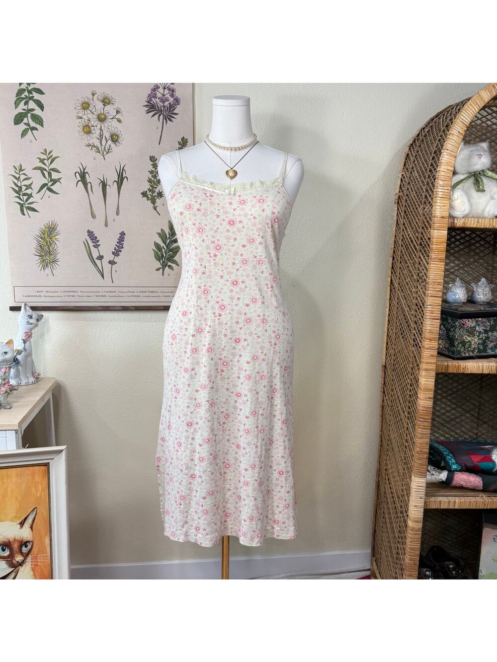 Y2k Floral Cotton Nightgown Slip Dress Coquette Dolly Femme Cottage Prairie M